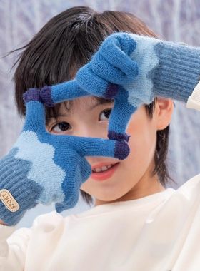 儿童手套男童五指冬季保暖毛线针织分指时尚男孩小学生冬天加绒厚