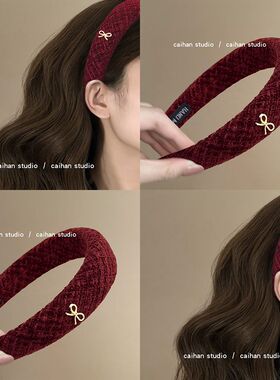 简约法式红~安可拉红毛线发箍复古金标小蝴蝶结压发头箍旅行发饰
