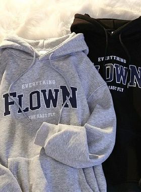 Multi colored letter printed black hoodie女秋冬印花加绒卫衣