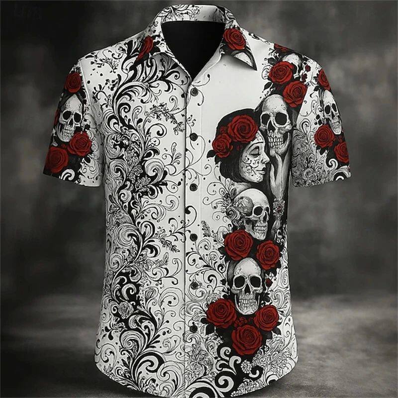 哥特骷髅头玫瑰印花衬衫男Loose plus size 3D printed shirt top