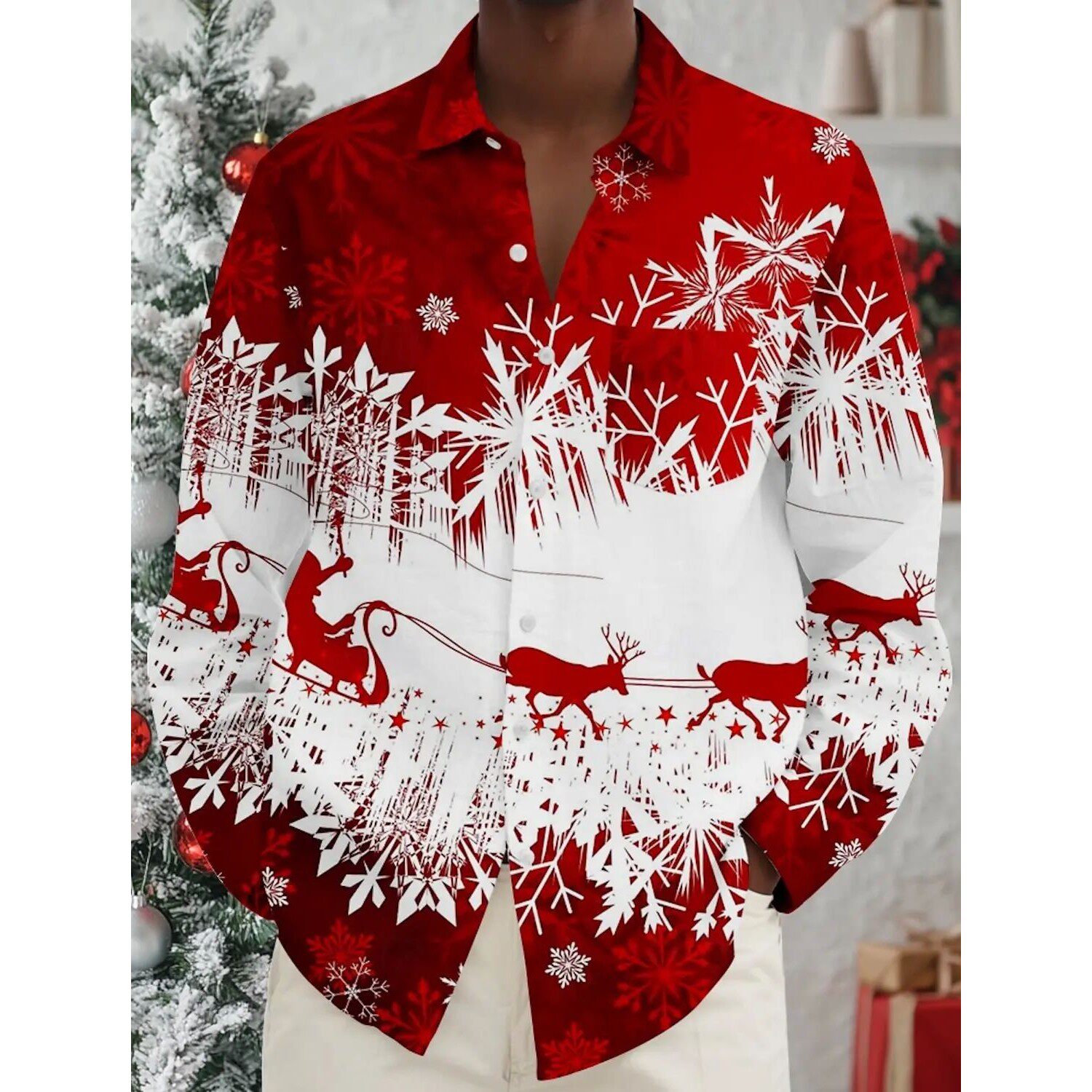 欧美风圣诞印花长袖衬衫男Christmas printed long sleeved shirt