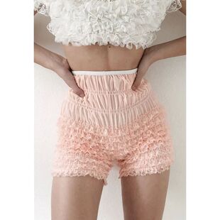 Solid color lace lace pleated shorts women蕾丝花边褶皱短裤女