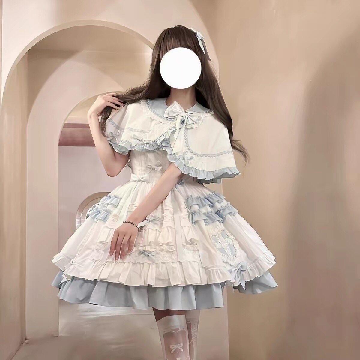 【橱窗玩偶】蓝白dol感少女甜美爱心斗篷JSK蛋糕裙飞行日记lolita