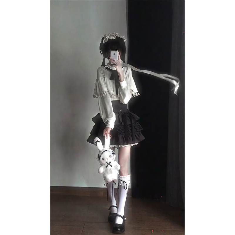 原创设计黑白哥特Lolita裙小个子穿搭荷叶边衬衫多层蛋糕半裙现货