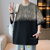 体恤上衣撞色条纹宽松 潮流渐变色圆领半袖 港风宽松短袖 T恤男夏季