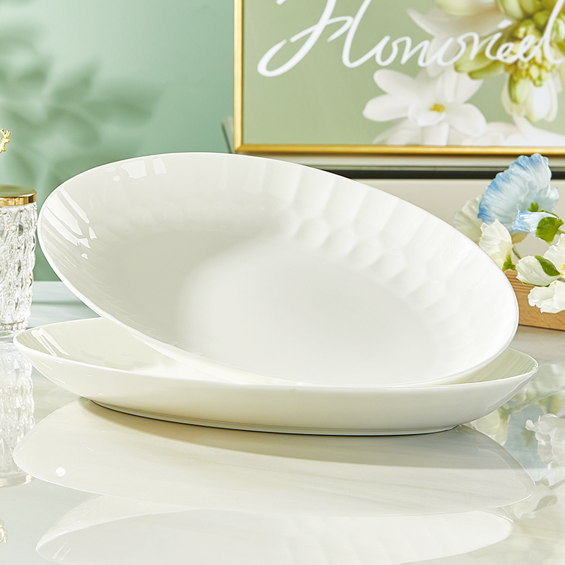 鱼盘骨瓷纯白长方形浮雕