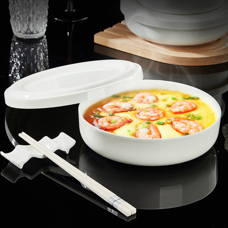 纬廷纯白骨瓷带盖蒸蛋碗