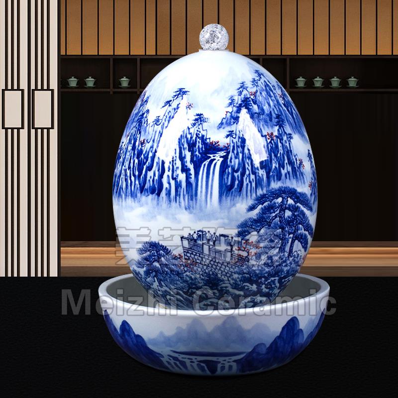 青花瓷山水流水摆件循环水景观造景陶罐加湿器花瓶水系缸乔迁礼品
