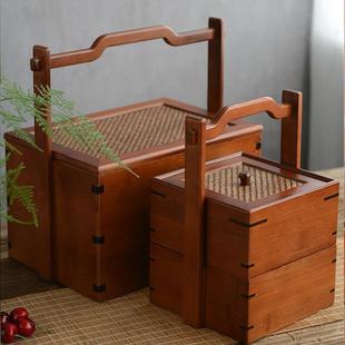 中式多功能食盒提箱双层分格竹编收纳篮复古手提盒茶具收纳竹提篮