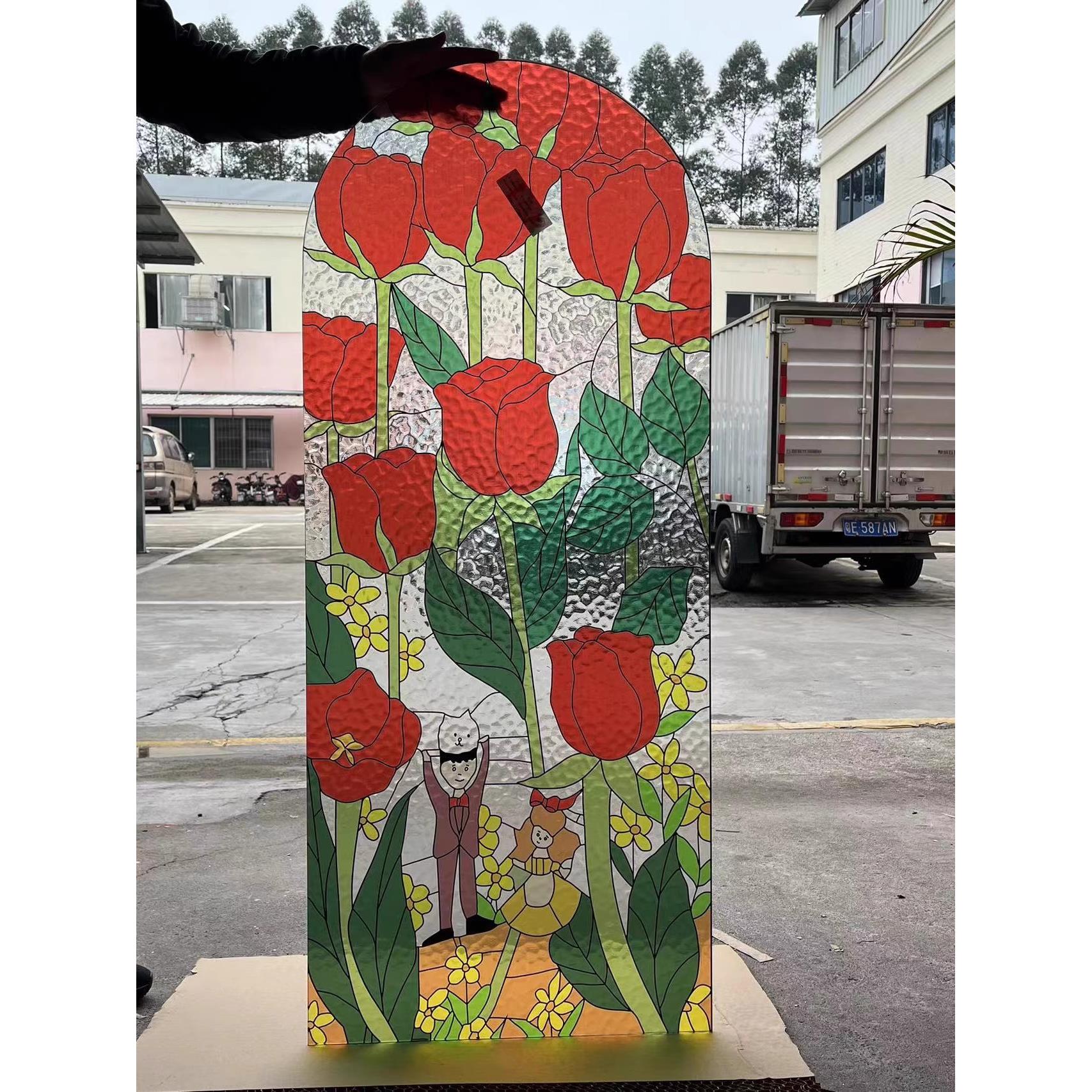 蒂凡尼彩色艺术玻璃卫生间玻璃门定制客厅隔断玄关钢化玻璃uv打印