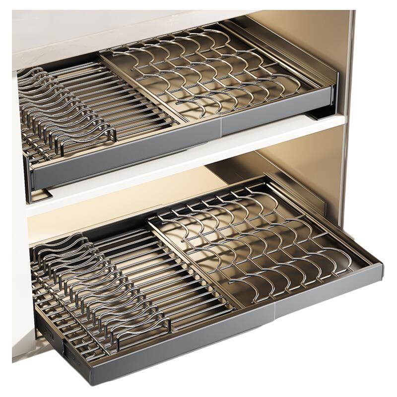 不锈钢碗碟收纳架厨房橱柜内置物架抽屉式伸缩拉篮抽拉沥水放碗架