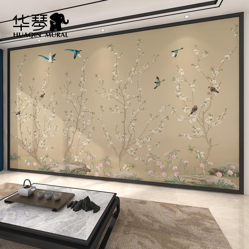 新中式电视背景墙壁纸客厅沙发茶室工笔古风花鸟墙纸墙布壁布定制