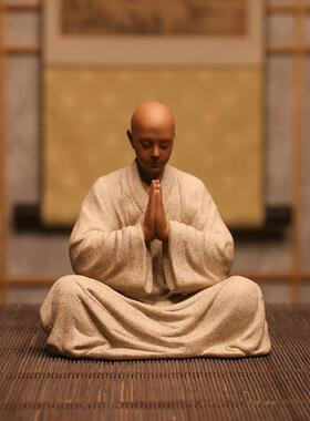 新中式手工紫砂小和尚茶宠摆件小沙弥禅意茶道茶室桌面车载装饰品