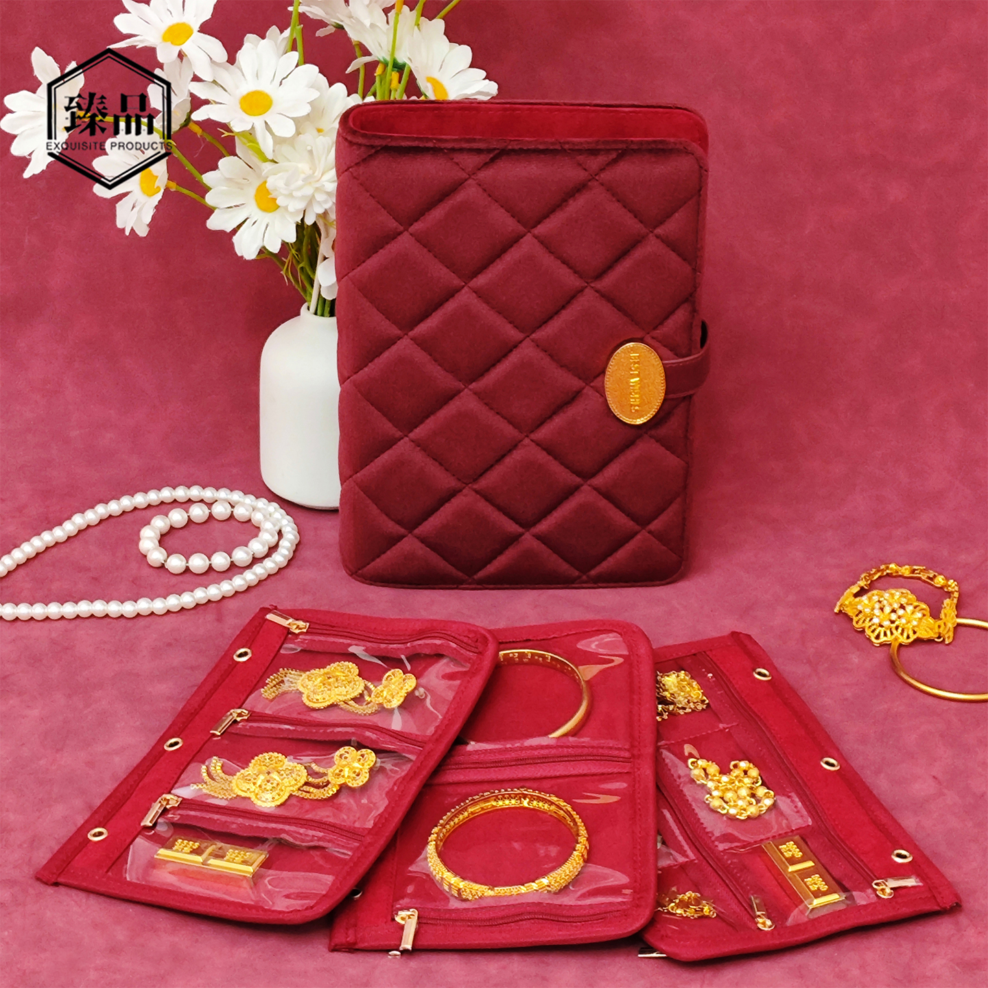 高档丝绒黄金收纳包结婚礼三金五金收纳册项链戒指手镯旅行首饰盒