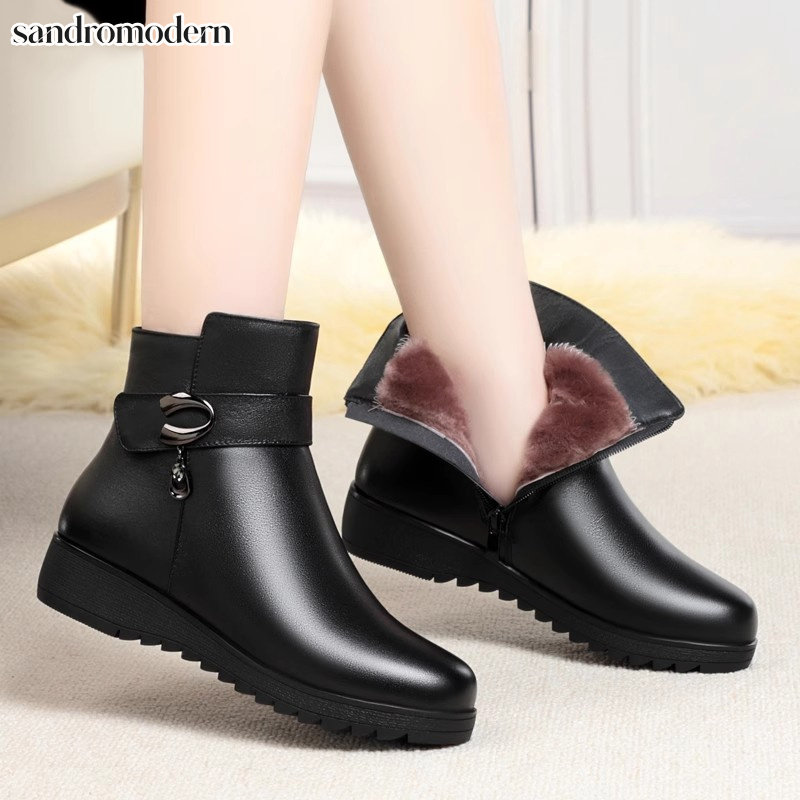 新款真皮妈妈棉鞋女冬季加绒靴子女士短靴软底皮鞋中老年女鞋子