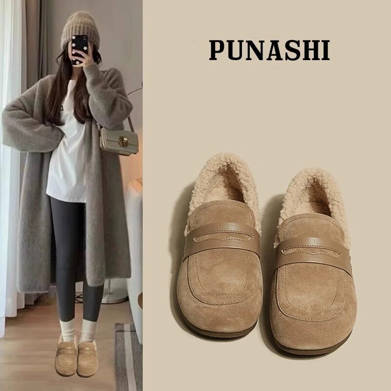 平底一脚蹬毛毛豆豆鞋子女秋冬季外穿2025年新款加绒棉鞋乐福单鞋