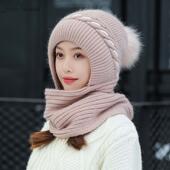 帽子围巾一体风雪帽女韩版 保暖兔毛针织护耳加绒防寒围脖帽 冬季