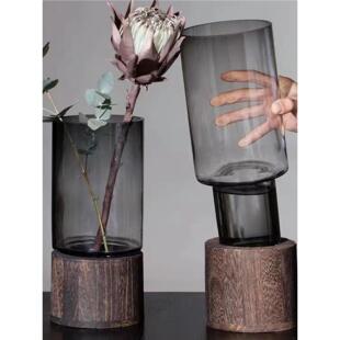 ins轻奢北欧透明玻璃花瓶木托创意水养鲜花玫瑰插花餐桌装饰摆件