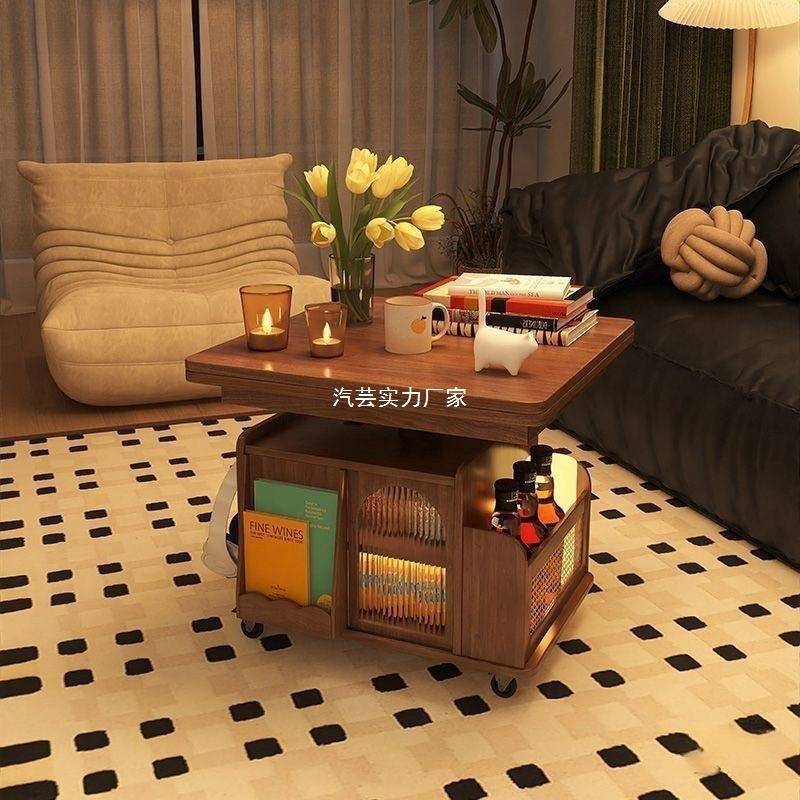 实木升降茶几移动推车茶桌折叠餐桌小户型茶台多功能客厅沙发边柜