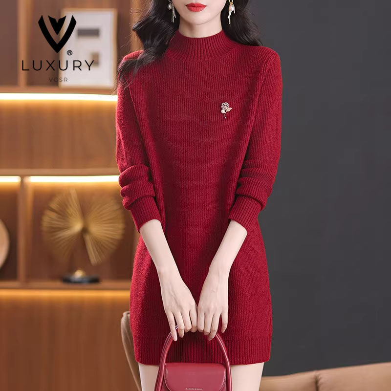 鄂尔多斯市中长版包臀毛衣女2026新款冬季加厚半高领打底衫洋装