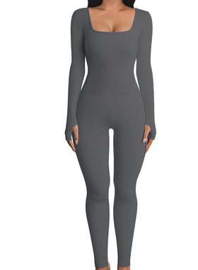 Square neck long sleeved solid color jumpsui长袖纯色连体裤女