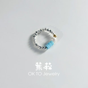 蕉菘OKTO 果冻海戒指薄荷绿色松石串珠珍珠925银食指戒