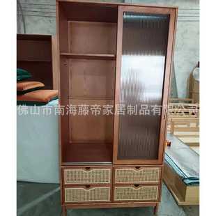 卧室柜子大容量复古民宿玻璃门储物柜 藤编实木衣柜家用小户型日式
