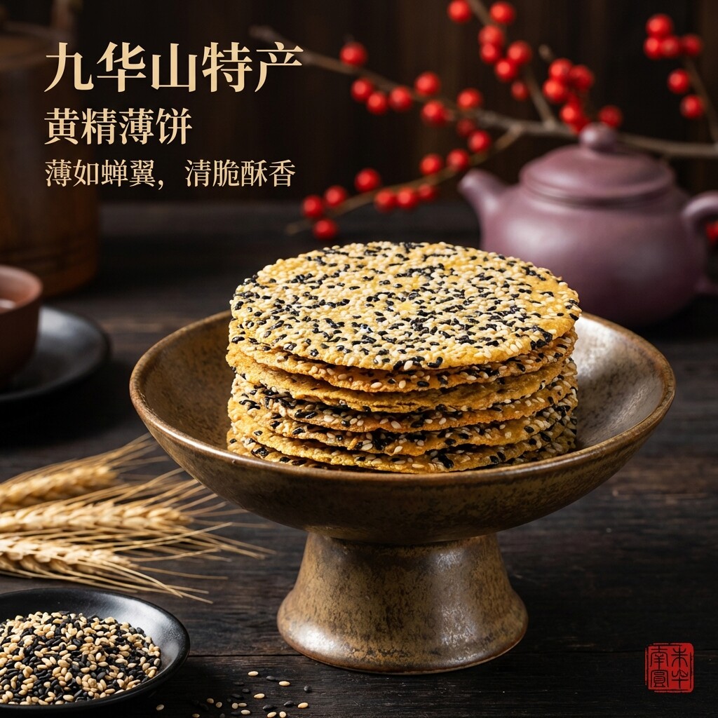 黄精薄饼九华山特产法式煎饼酥脆薄饼黑芝麻薄饼代餐黑芝麻圆饼干
