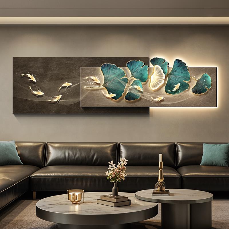银杏叶现代轻奢客厅装饰画高级感九鱼图沙发背景墙挂画立体砂岩画图片