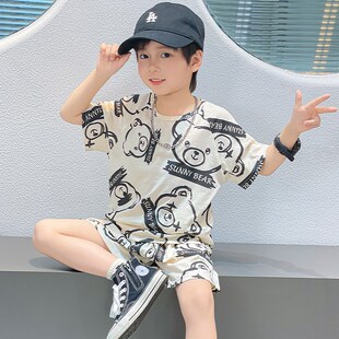 儿童睡衣春夏季纯棉男童时尚休闲运动套装女童短袖短裤薄款家居服
