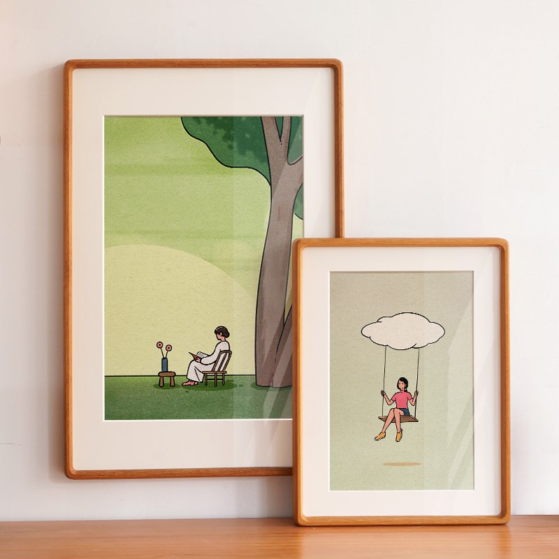 日式原木风插画法式奶油风客厅沙发背景墙装饰画餐厅卧室实木挂画图片