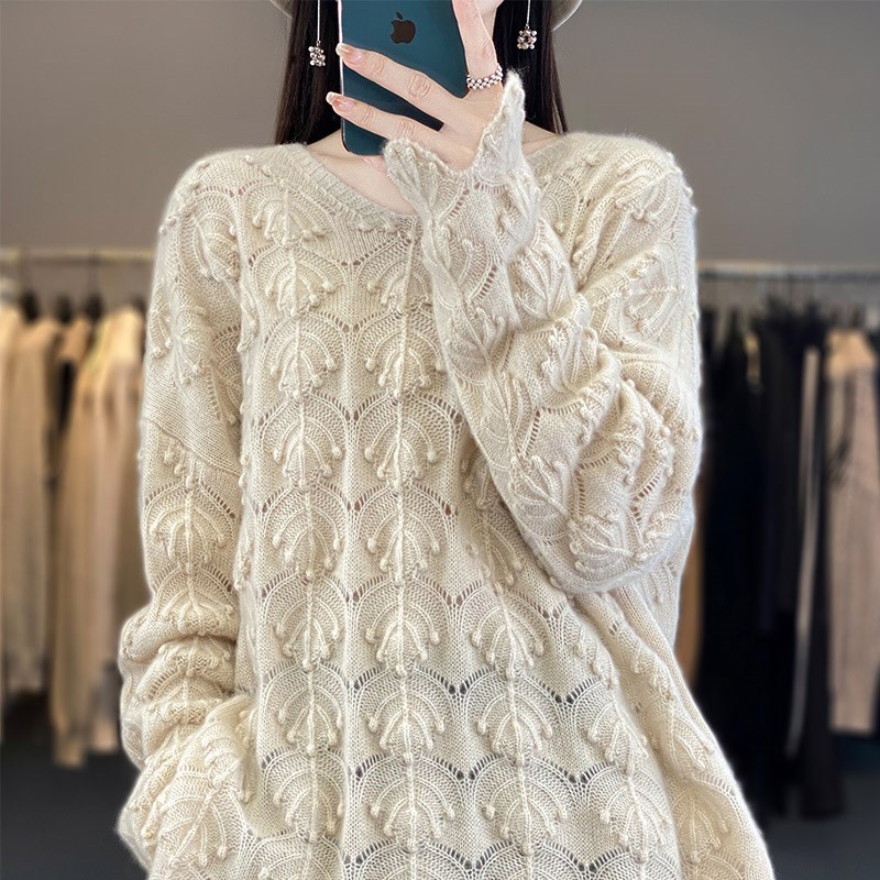 2023秋冬新款V领镂空提花纯色100%纯羊绒针织衫女气质别致打底衫