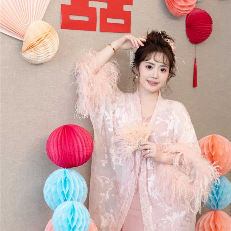 新中式晨袍新娘结婚仙女粉色高级感驼鸟毛睡衣睡袍春秋羽毛可拆卸