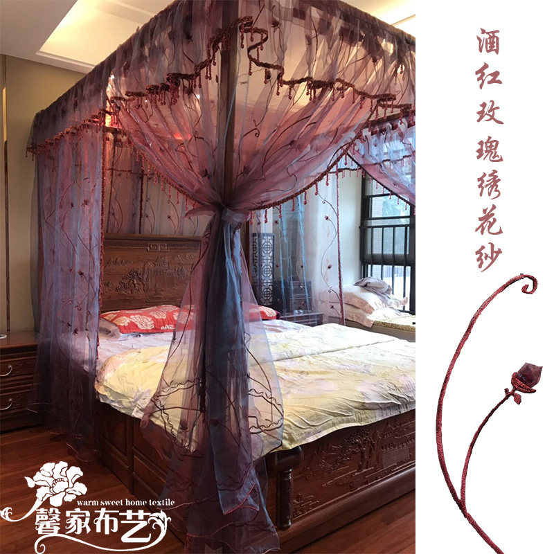 蚊帐仿古中式明清古典月牙架子床拔步床酒红绣花结婚婚庆纱幔定做图片