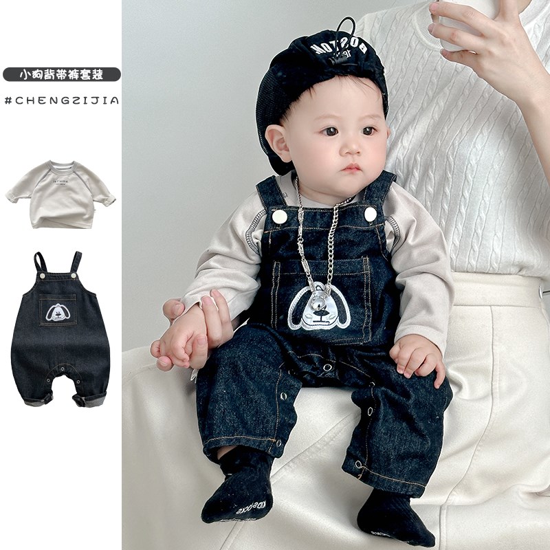 男宝宝春秋装长袖卫衣牛仔背带裤套装婴儿洋气连体衣服女童长爬服