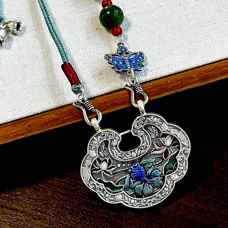 999纯银锦鲤锁中国风纯手工编织鲤鱼锁女士项链时尚百搭银锁吊坠