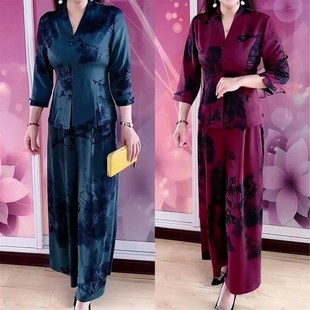 妈妈装2022年新款女装时尚休闲大码夏装真丝套装太太阔腿裤两件套