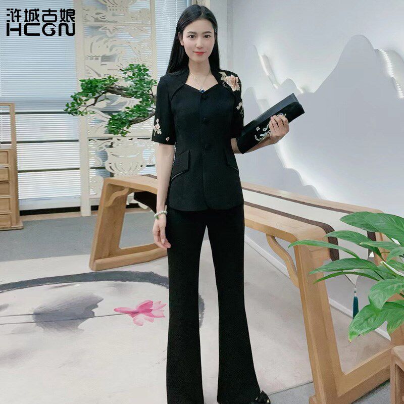 夏季国风女士刺绣花西服套装气质百搭清凉舒适两件套上衣直筒裤子