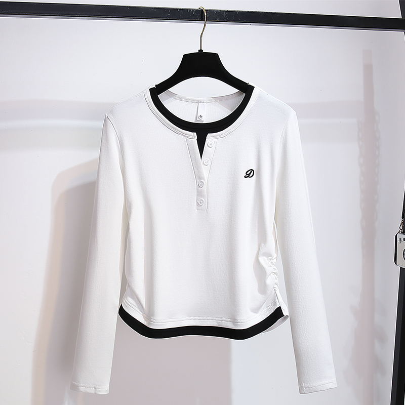 假两件拼接长袖正肩T恤女爆款2024春秋新款短款洋气卡腰小衫上衣