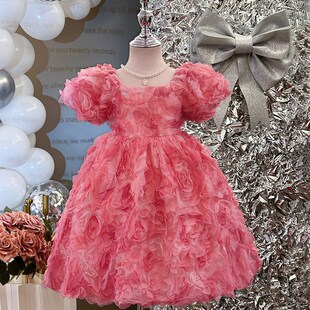 高端女童连衣裙夏季2024新款女孩生日礼服儿童粉色立体花朵公主裙