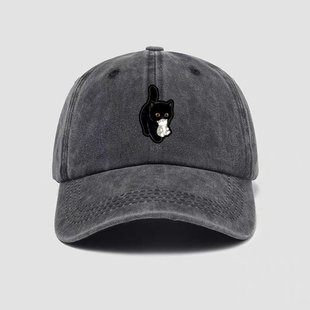 萌趣黑猫叼小猫印花做旧帽子男女新款鸭舌帽休闲遮阳百搭棒球帽
