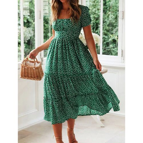 Square neck bubble sleeve floral dress方领泡泡袖碎花连衣裙女