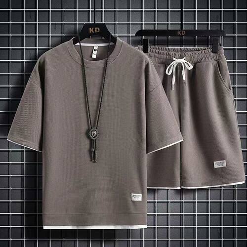 华夫格衬衫短裤两件套男士