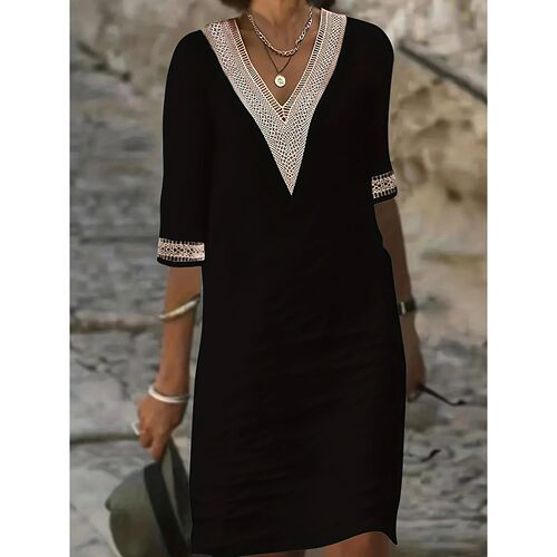 Solid color V-neck mid length dress women纯色V领中长连衣裙女