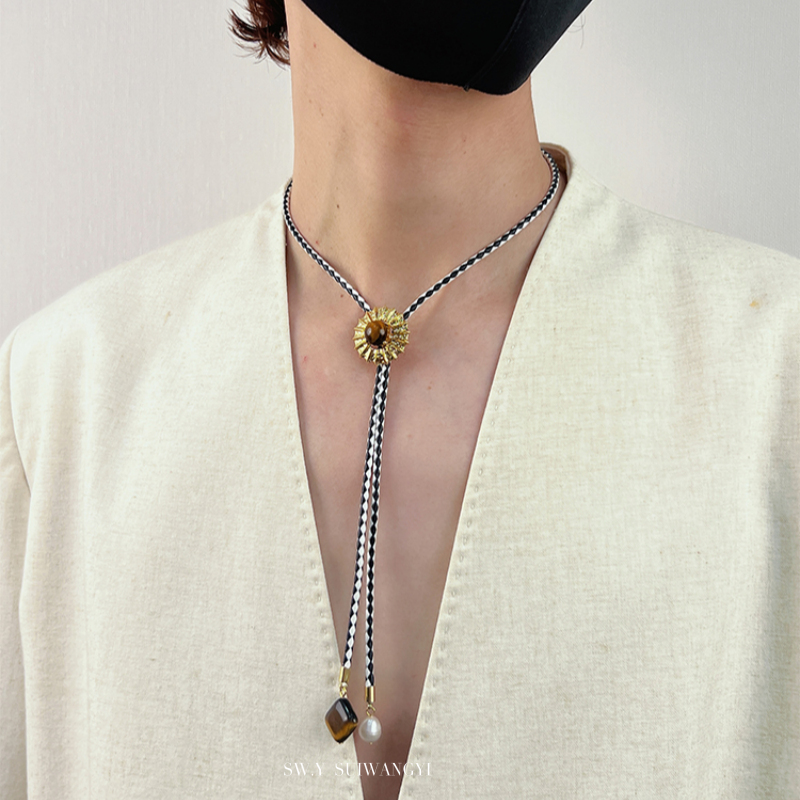 SWY对弈小众复古波洛领带天然淡水珍珠虎眼项链小众高级感毛衣链