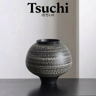 侘寂风黑白织纹陶瓷花瓶餐桌客厅样板房插花艺术花器桌面质感摆件