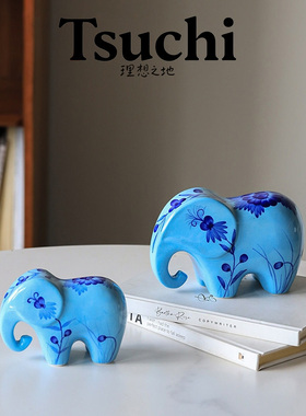 宋代美学青花陶瓷大象摆件高级感客厅玄关桌面装饰品酒店民宿摆设