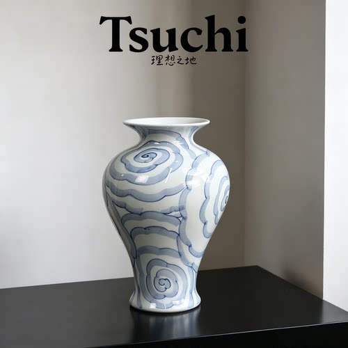 宋式写意云纹青花赏瓶手绘陶瓷花瓶摆件新中式客厅玄关软装装饰