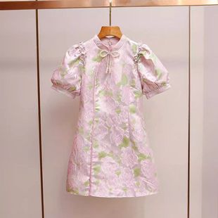 连衣裙夏季 蝴蝶深圳立领高端甜美短袖 新中式 新款 南油 气质提花女装