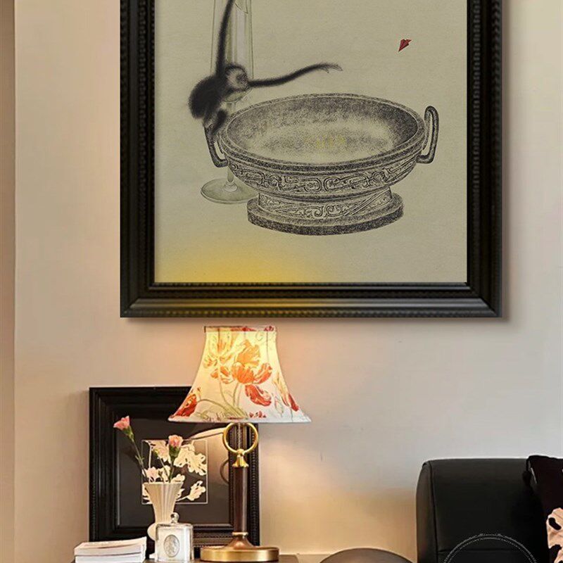 新中式客厅餐厅猴子动物t国风装饰画青铜器挂画玄关正方形手绘油